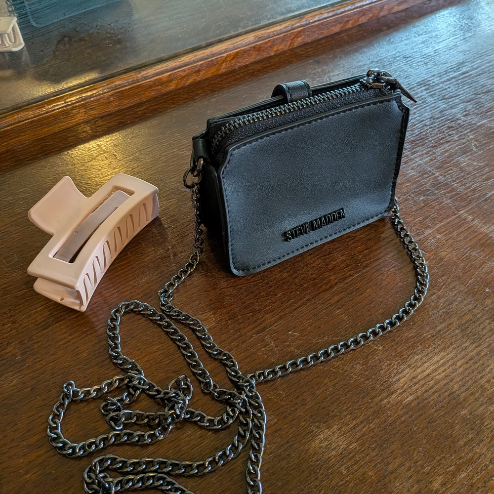 Steve Madden Mini Black Crossbody Bag Wallet Gunmetal Chain
